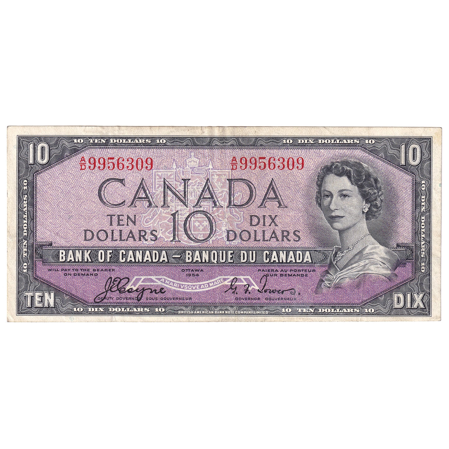 BC-32a 1954 Canada $10 Coyne-Towers, Devil's Face, A/D, VF-EF (VF30)