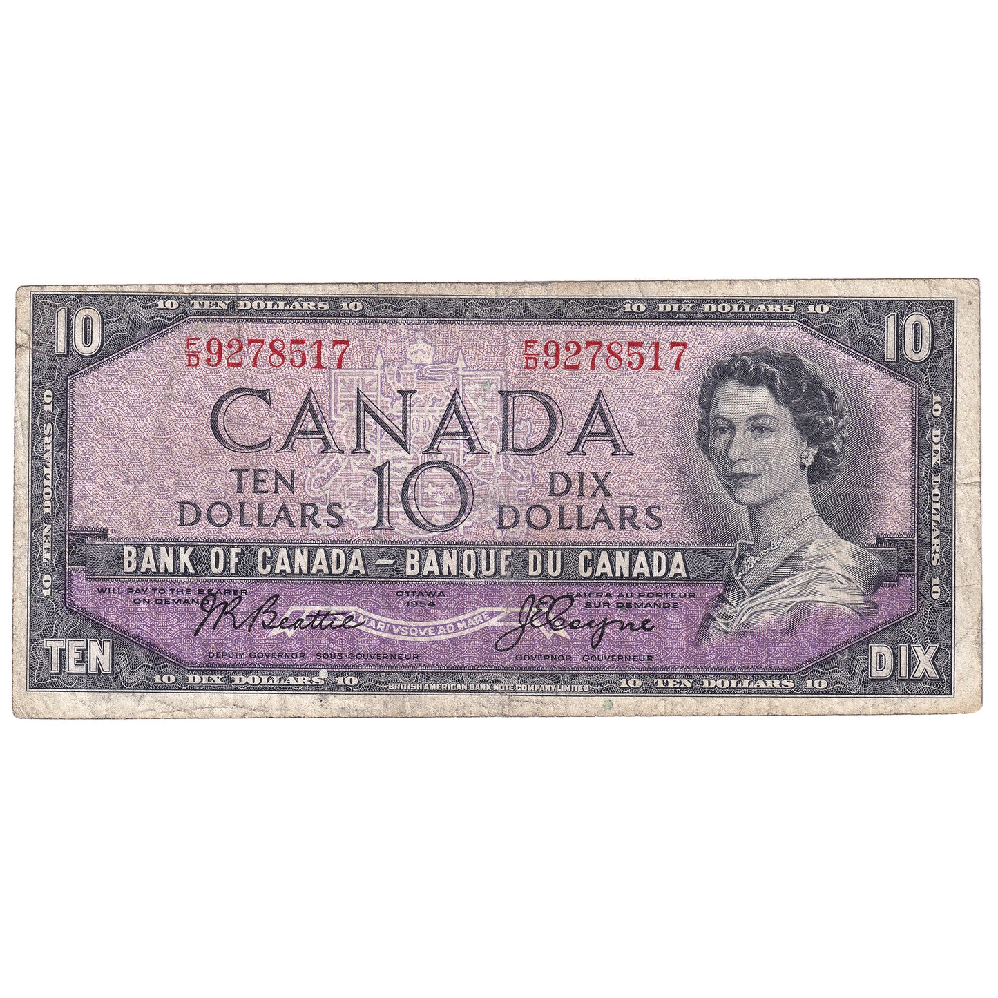 BC-32a 1954 Canada $10 Coyne-Towers, Devil's Face, F/D, Fine (F12)