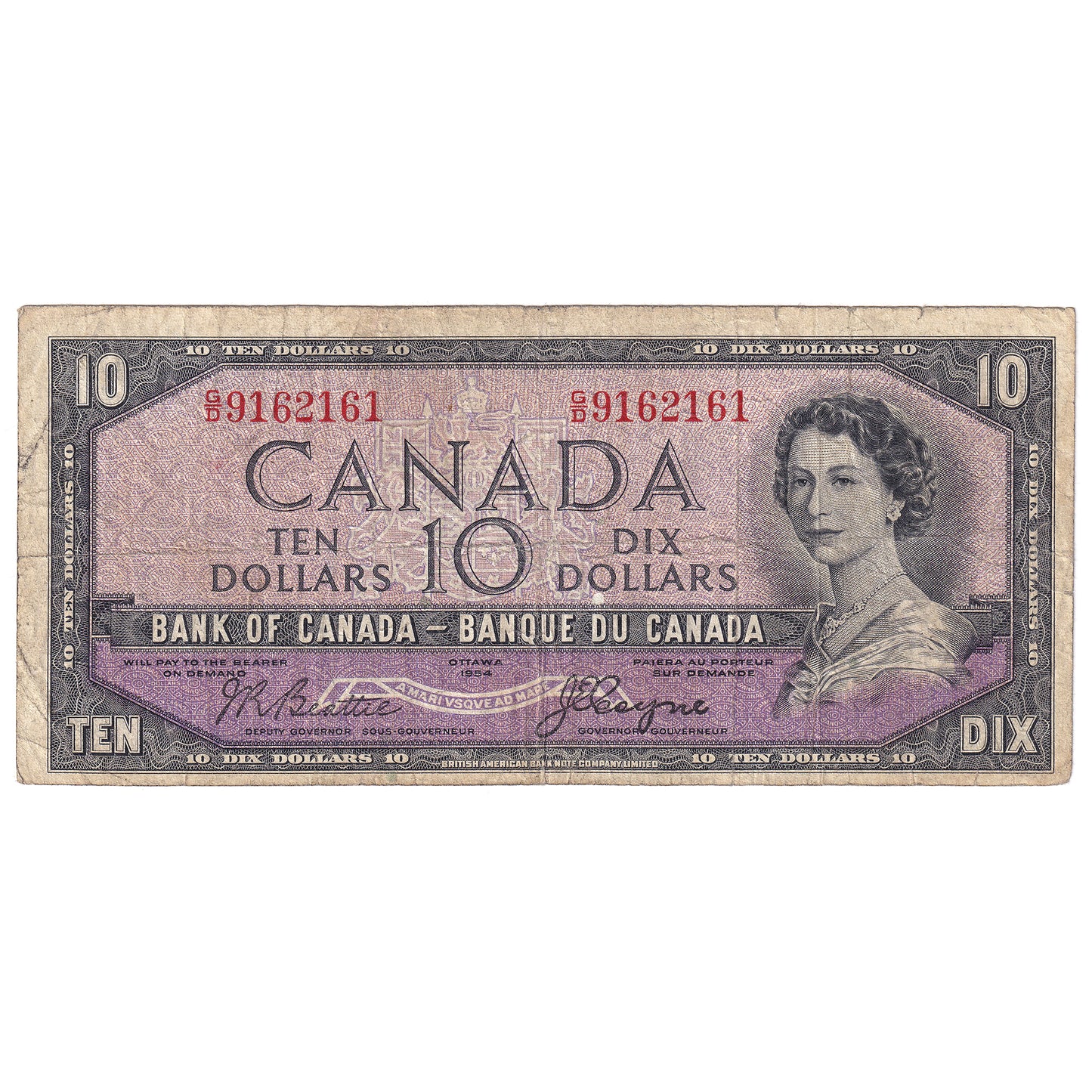 BC-32a 1954 Canada $10 Coyne-Towers, Devil's Face, G/D, Very Good (VG8)