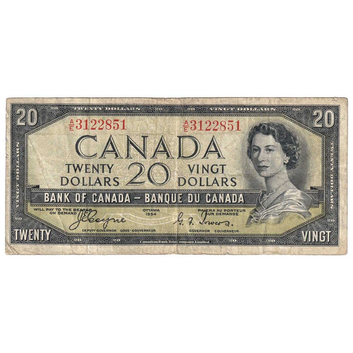BC-33a 1954 Canada $20 Coyne-Towers, Devil's Face, A/E, VG-F (VG10)
