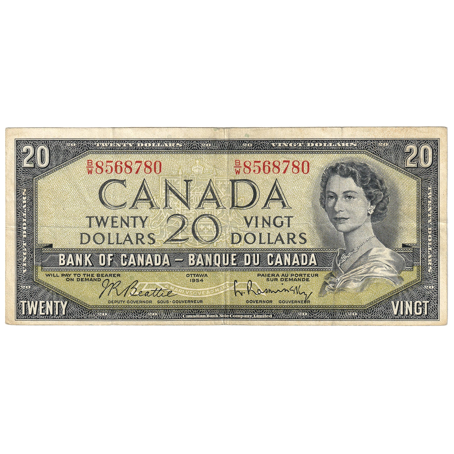 BC-41b 1954 Canada $20 Beattie-Rasminsky, B/W, Circ