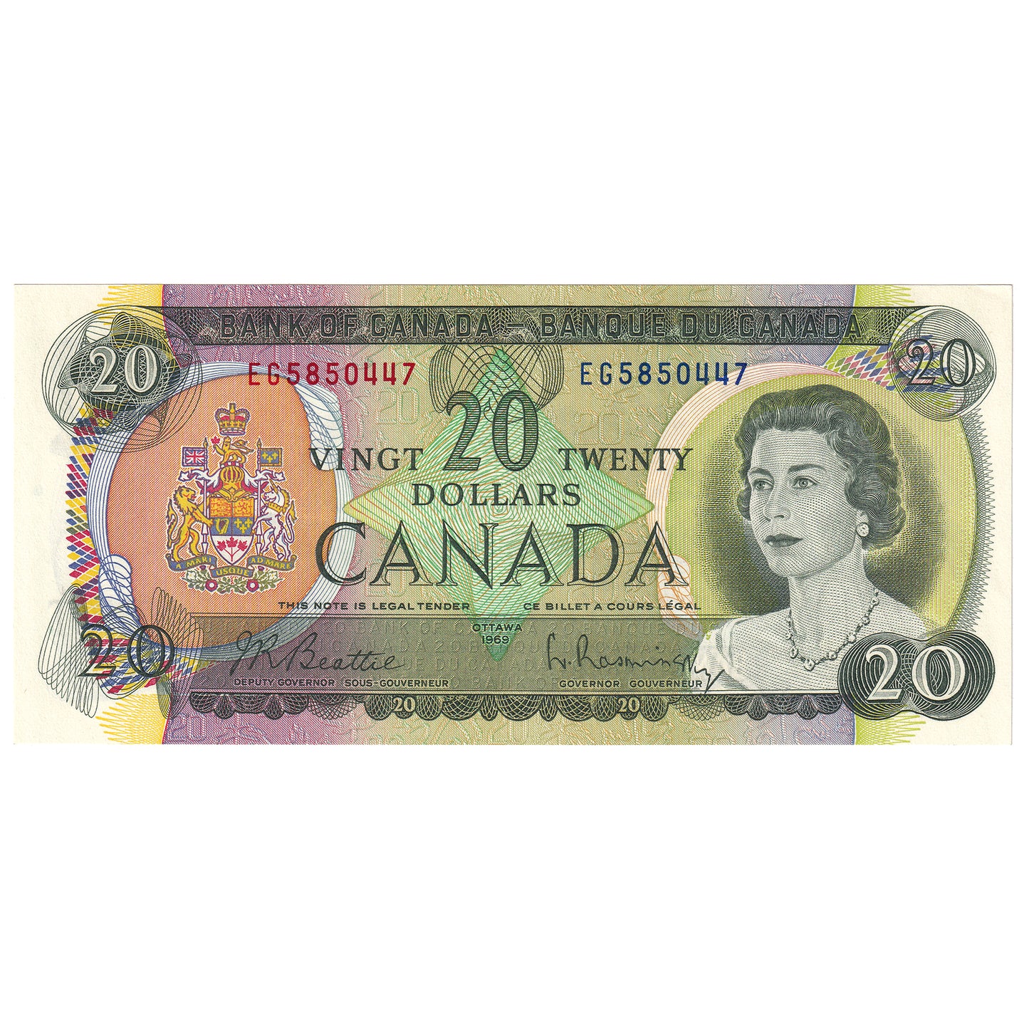 BC-50a 1969 Canada $20 Beattie-Rasminsky, EG, Choice Uncirculated (CUNC63)