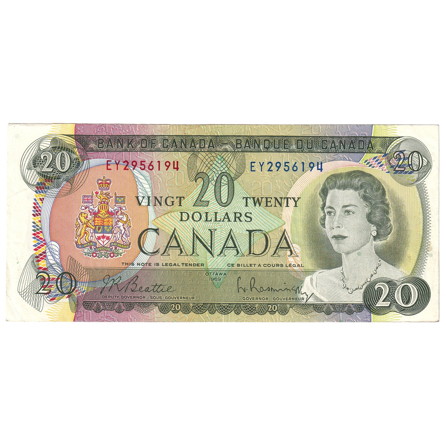 BC-50a 1969 Canada $20 Beattie-Rasminsky, EY, Circ