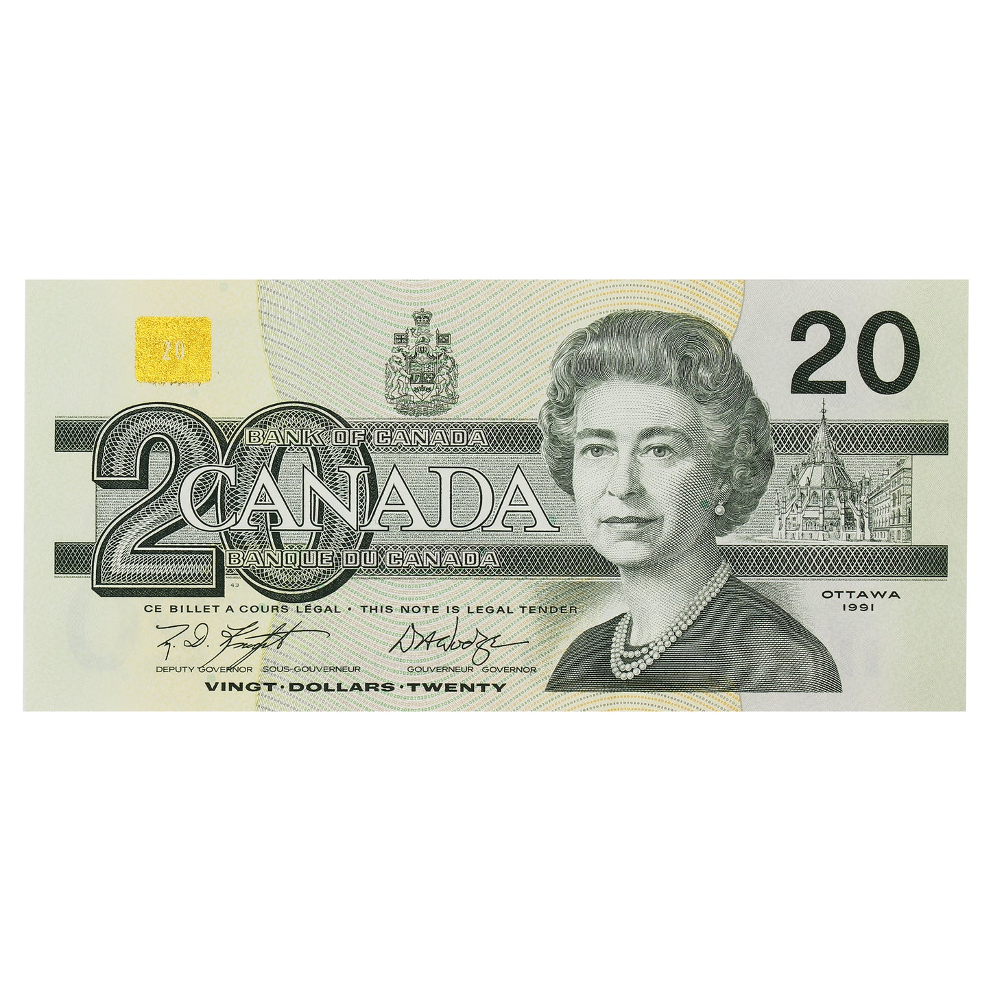 BC-58d 1991 Canada $20 Knight-Dodge, EWN, Almost Uncirculated (AU50)