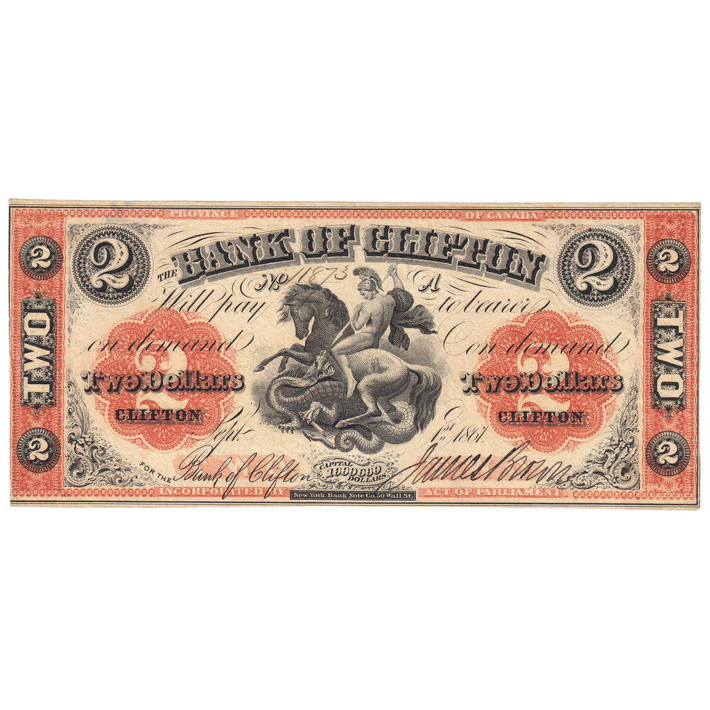 125-12-12 1861 Bank of Clifton $2 Brown, Engraved 1, EF