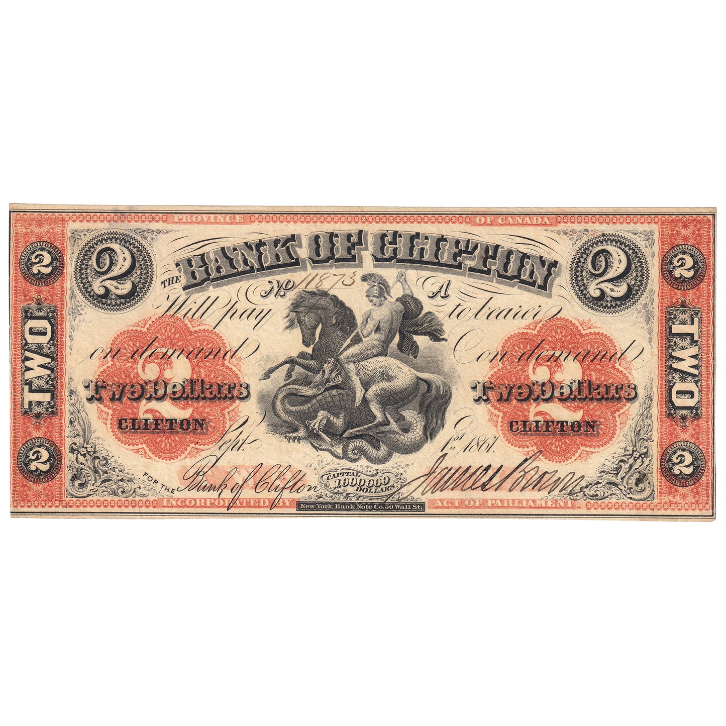 125-12-12 1861 Bank of Clifton $2 Brown, Engraved 1, EF
