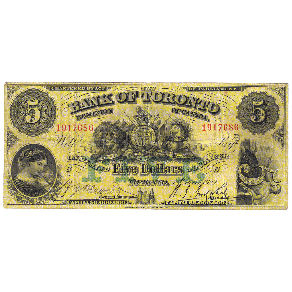 715-22-22 1929 Bank of Toronto $5 Henwood-Gooderham, F-VF
