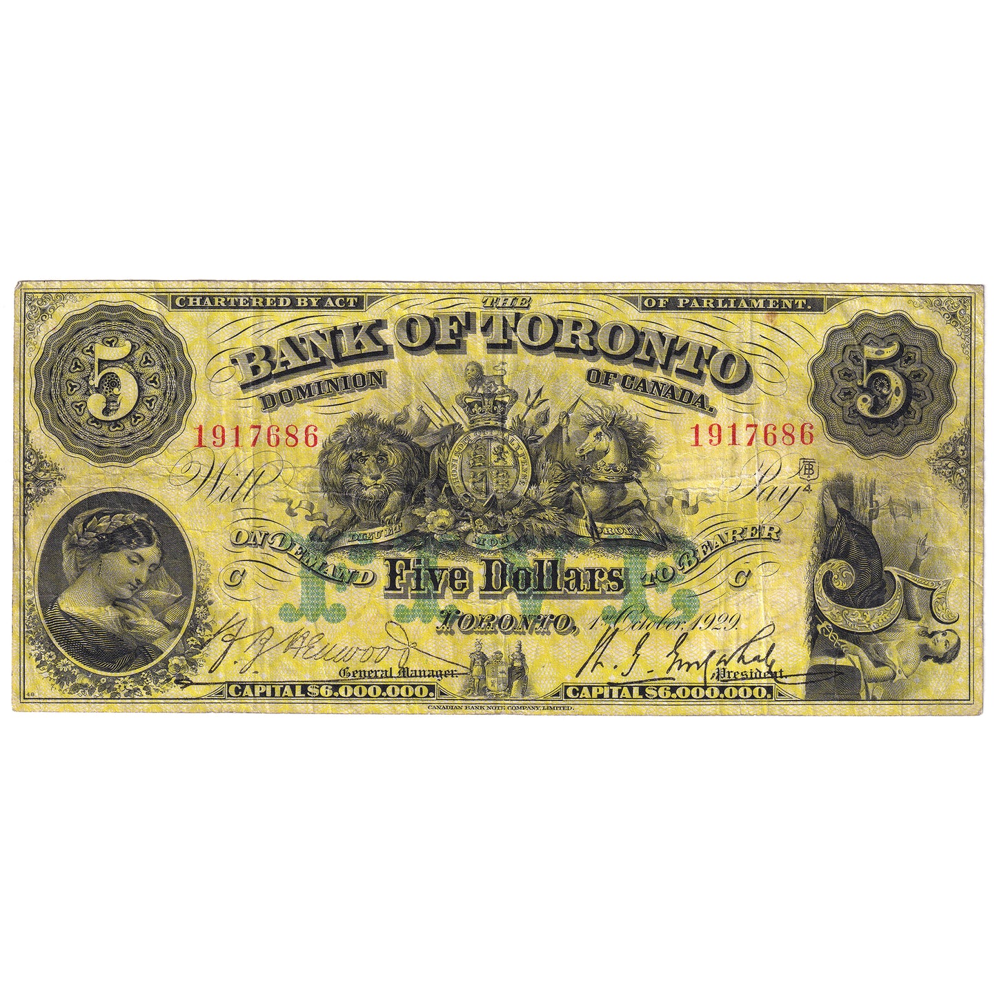 715-22-22 1929 Bank of Toronto $5 Henwood-Gooderham, F-VF