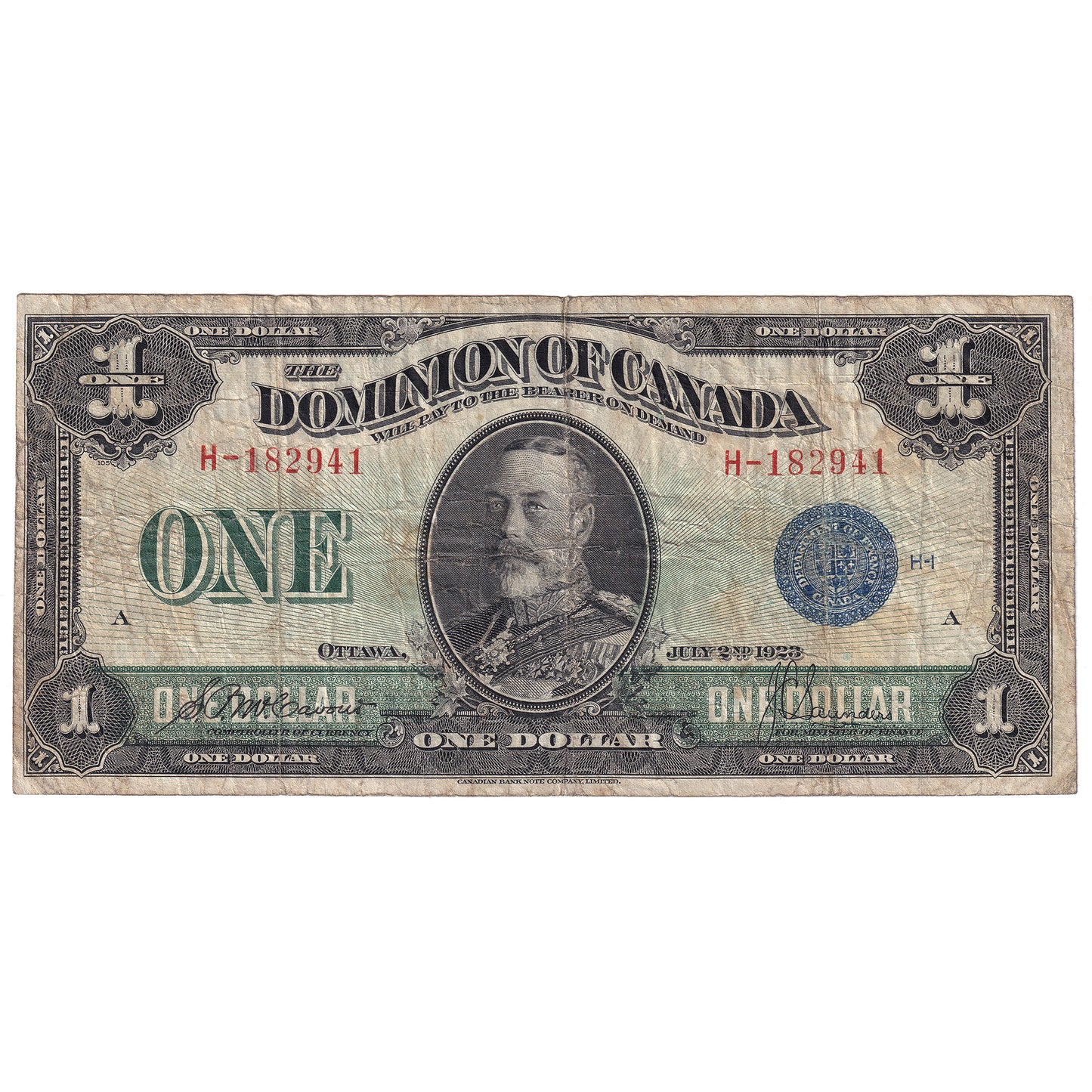 DC-25c 1923 Dominion $1 McCavour-Saunders, Blue Seal, Group 1, F-VF