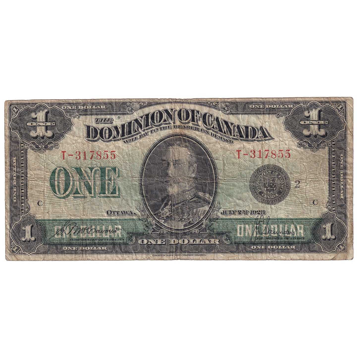 DC-25f 1923 Dominion $1 McCavour-Saunders, Black Seal, Group 2, Series T, VG