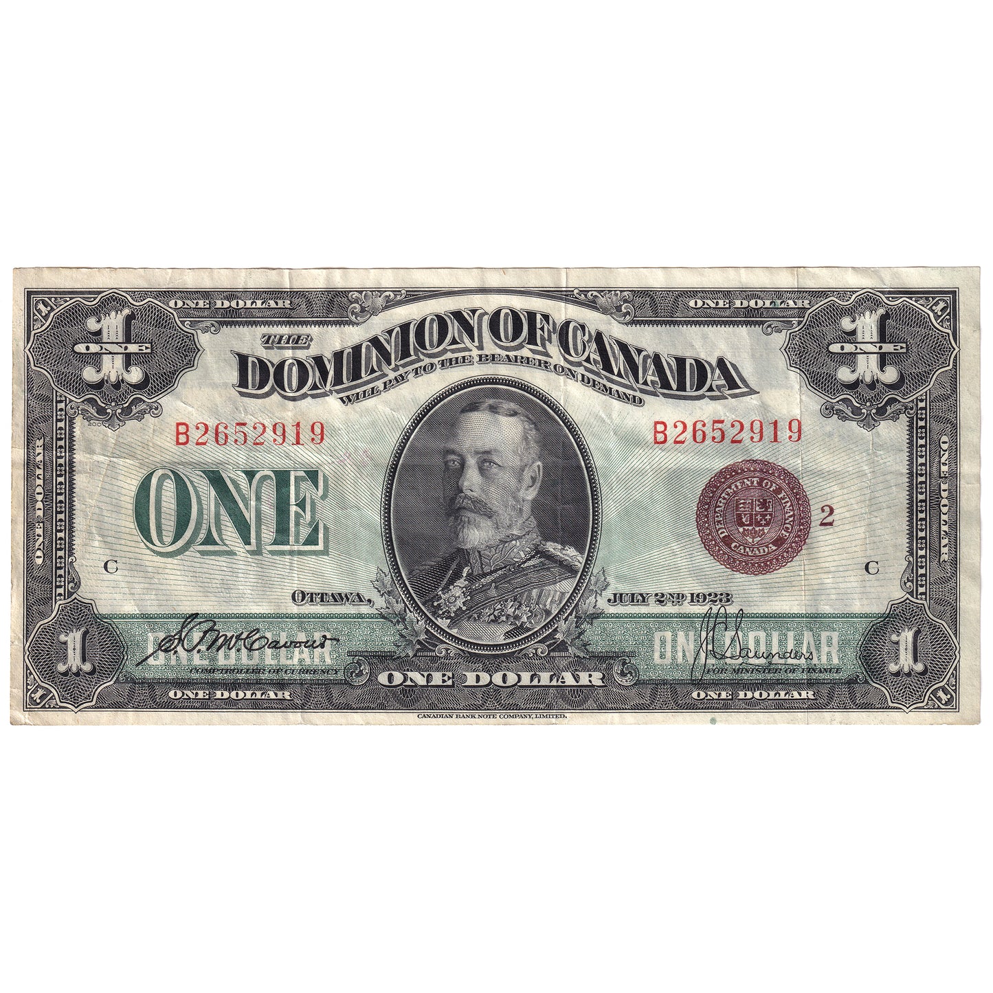 DC-25i 1923 Dominion $1 McCavour-Saunders, Bronze Seal, Group 2, Series B, VF-EF