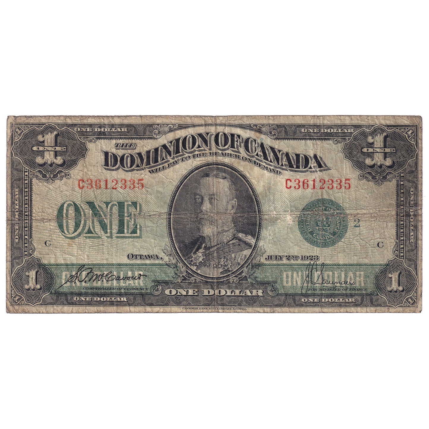 DC-25j 1923 Dominion $1 McCavour-Saunders, Green Seal, Group 2, VG