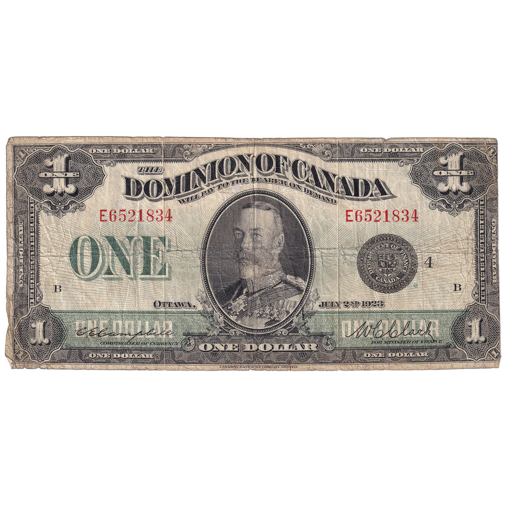 DC-25o 1923 Dominion $1 Campbell-Clark, Black Seal, Group 4, Series E, G-VG