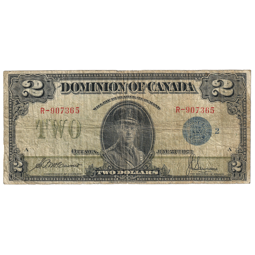 DC-26h 1923 Dominion $2 McCavour-Saunders, Blue Seal, Group 2, Series R, G-VG