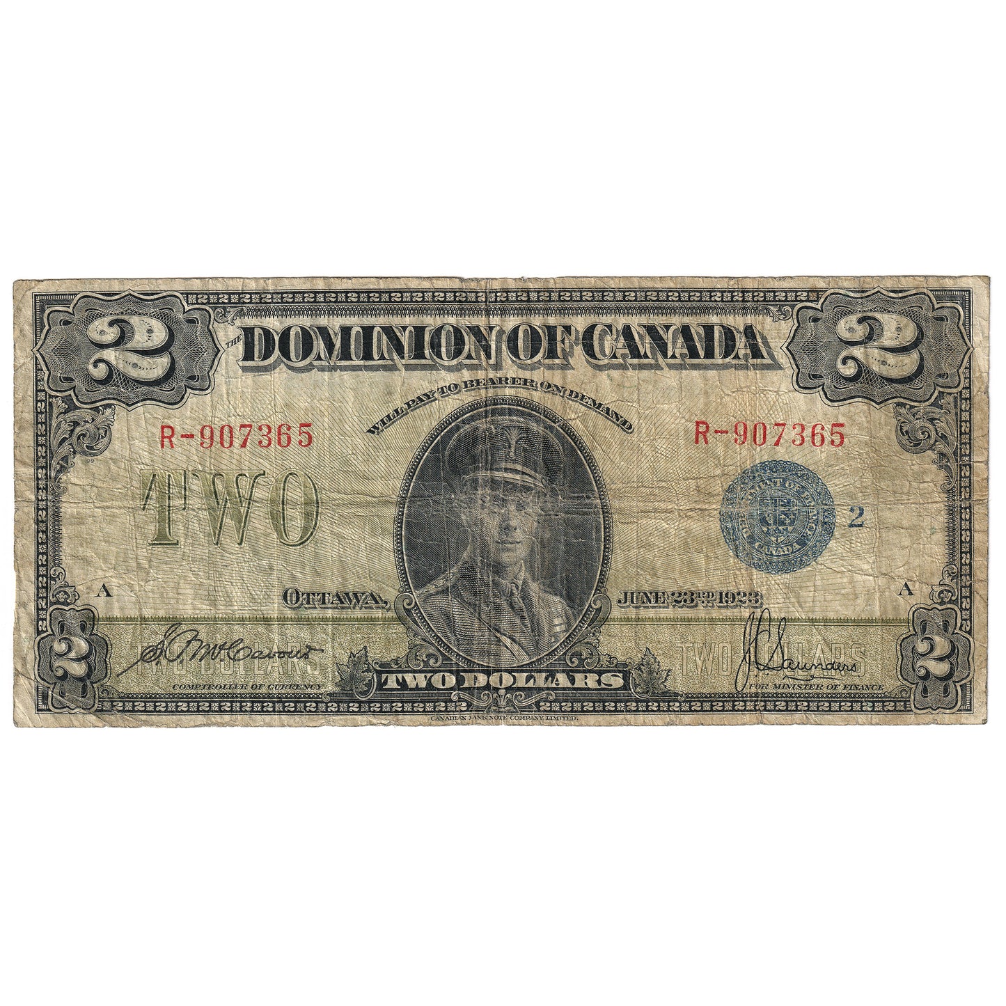 DC-26h 1923 Dominion $2 McCavour-Saunders, Blue Seal, Group 2, Series R, G-VG