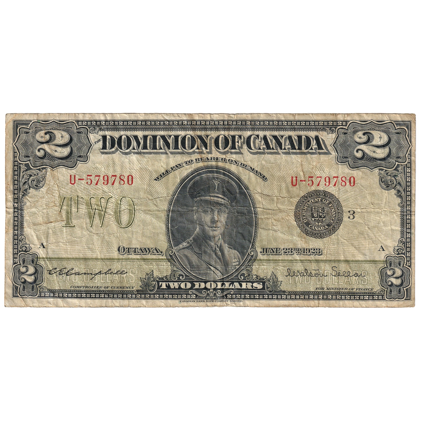 DC-26j 1923 Dominion $2 Campbell-Sellar, Black Seal, Group 3, Series U, VF