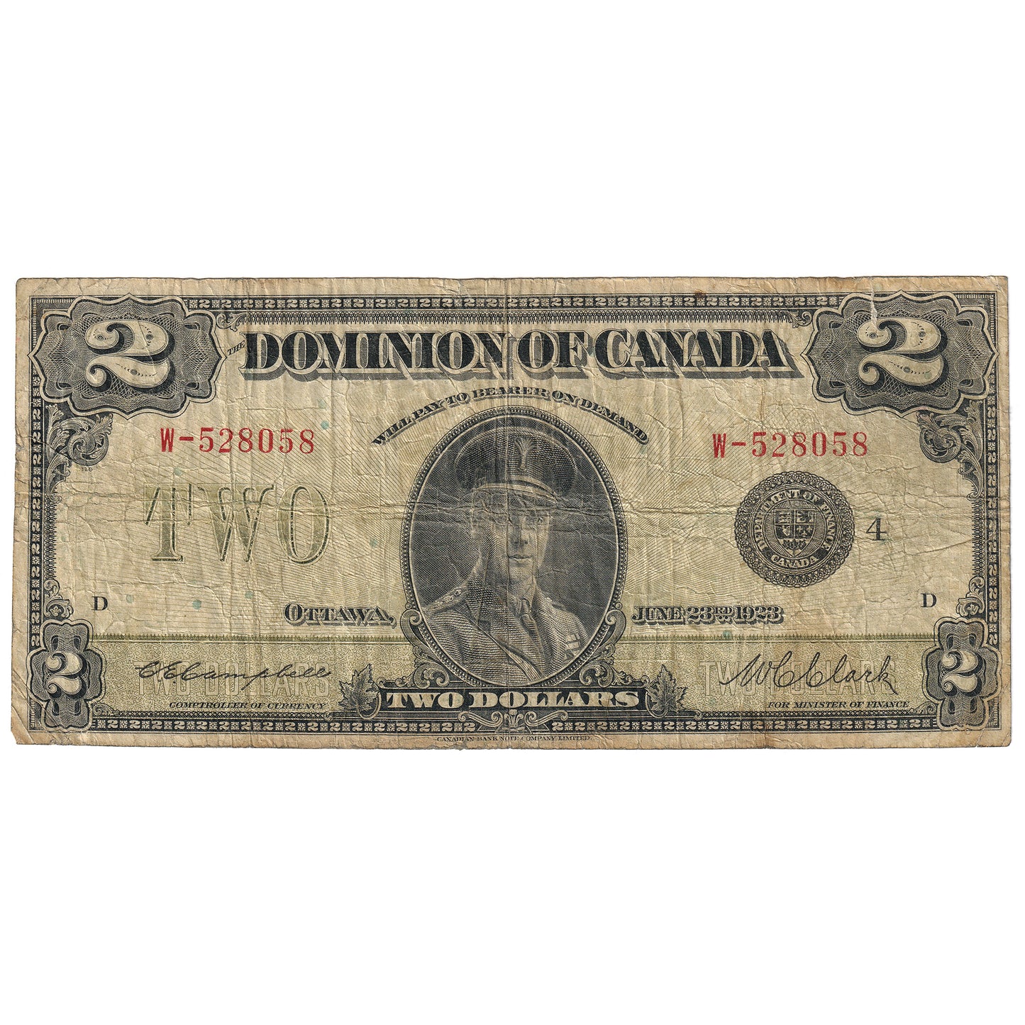 DC-26l 1923 Dominion $2 Campbell-Clark, Black Seal, Group 4, Series W, F