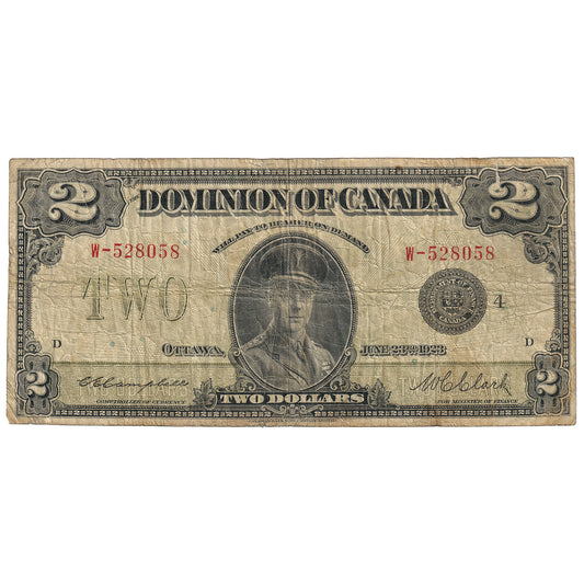 DC-26l 1923 Dominion $2 Campbell-Clark, Black Seal, Group 4, Series W, F