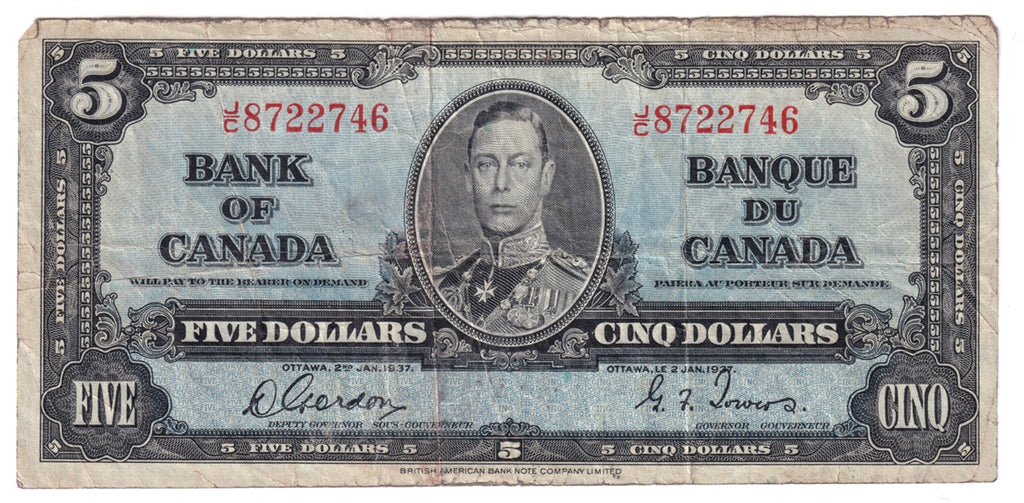 BC-23b 1937 Canada $5 Gordon-Towers, J/C, Circ