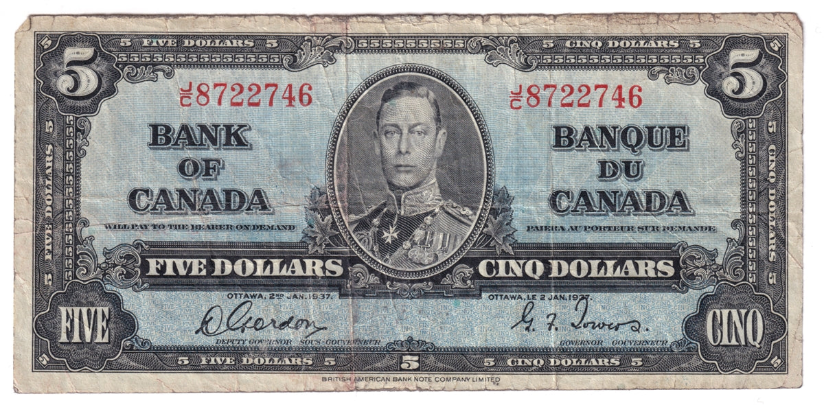 BC-23b 1937 Canada $5 Gordon-Towers, J/C, Circ