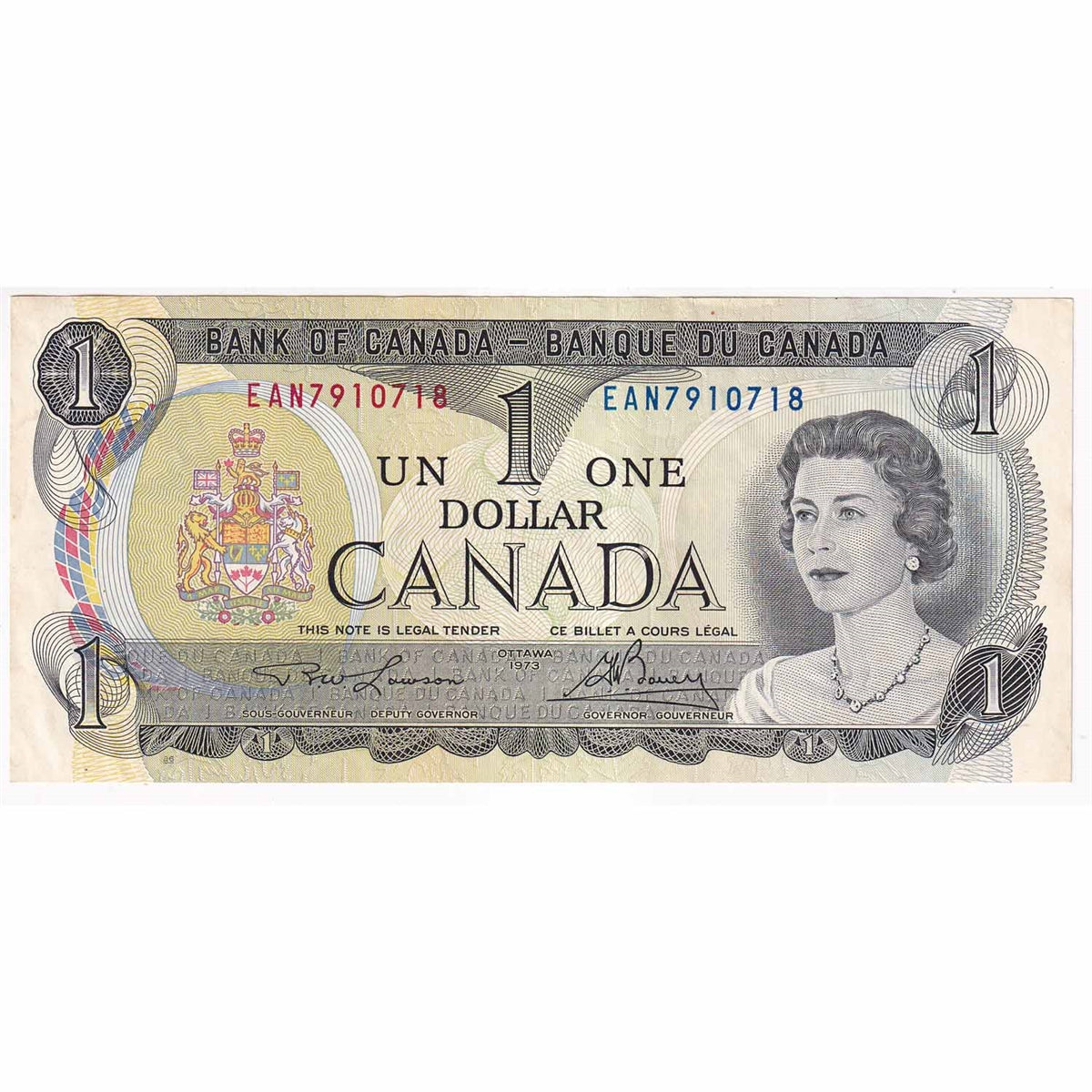 BC-46a-i 1973 Canada $1 Lawson-Bouey, EAN, Almost Uncirculated (AU50)