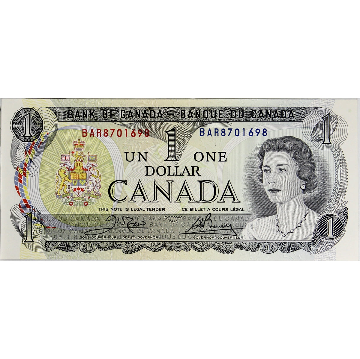 BC-46b 1973 Canada $1 Crow-Bouey, BAR, Choice Uncirculated (CUNC63)