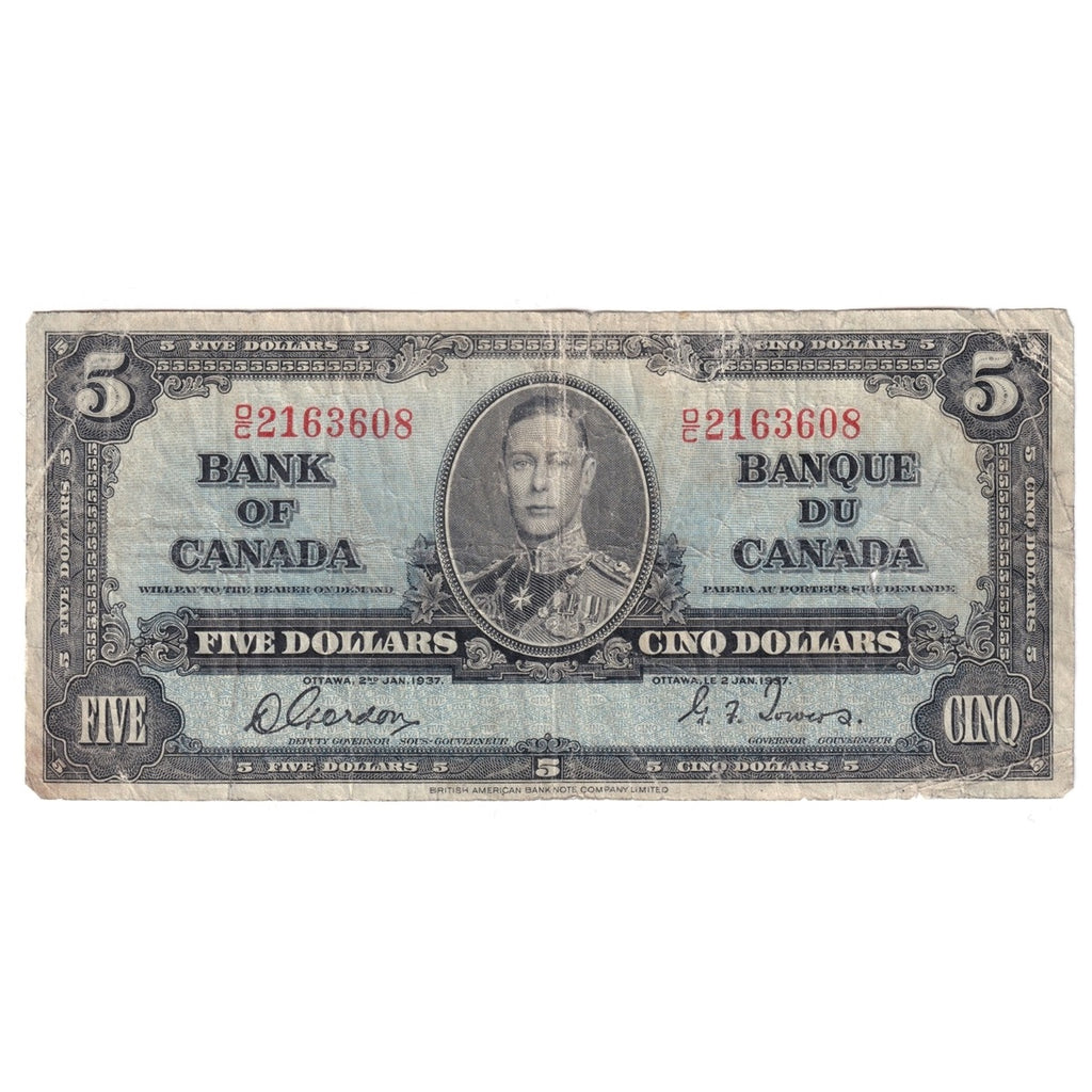 BC-23b 1937 Canada $5 Gordon-Towers, O/C, Circ