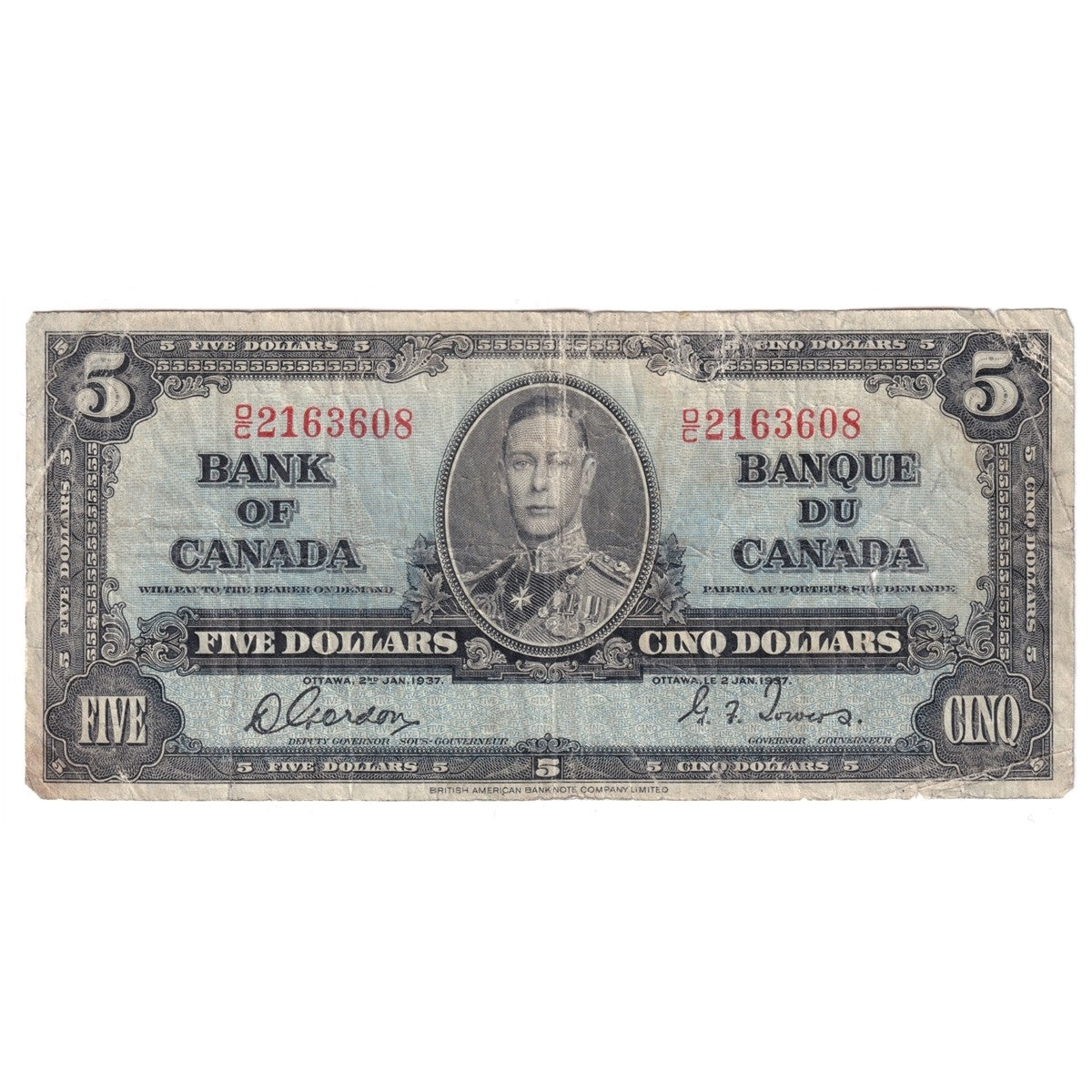 BC-23b 1937 Canada $5 Gordon-Towers, O/C, Circ