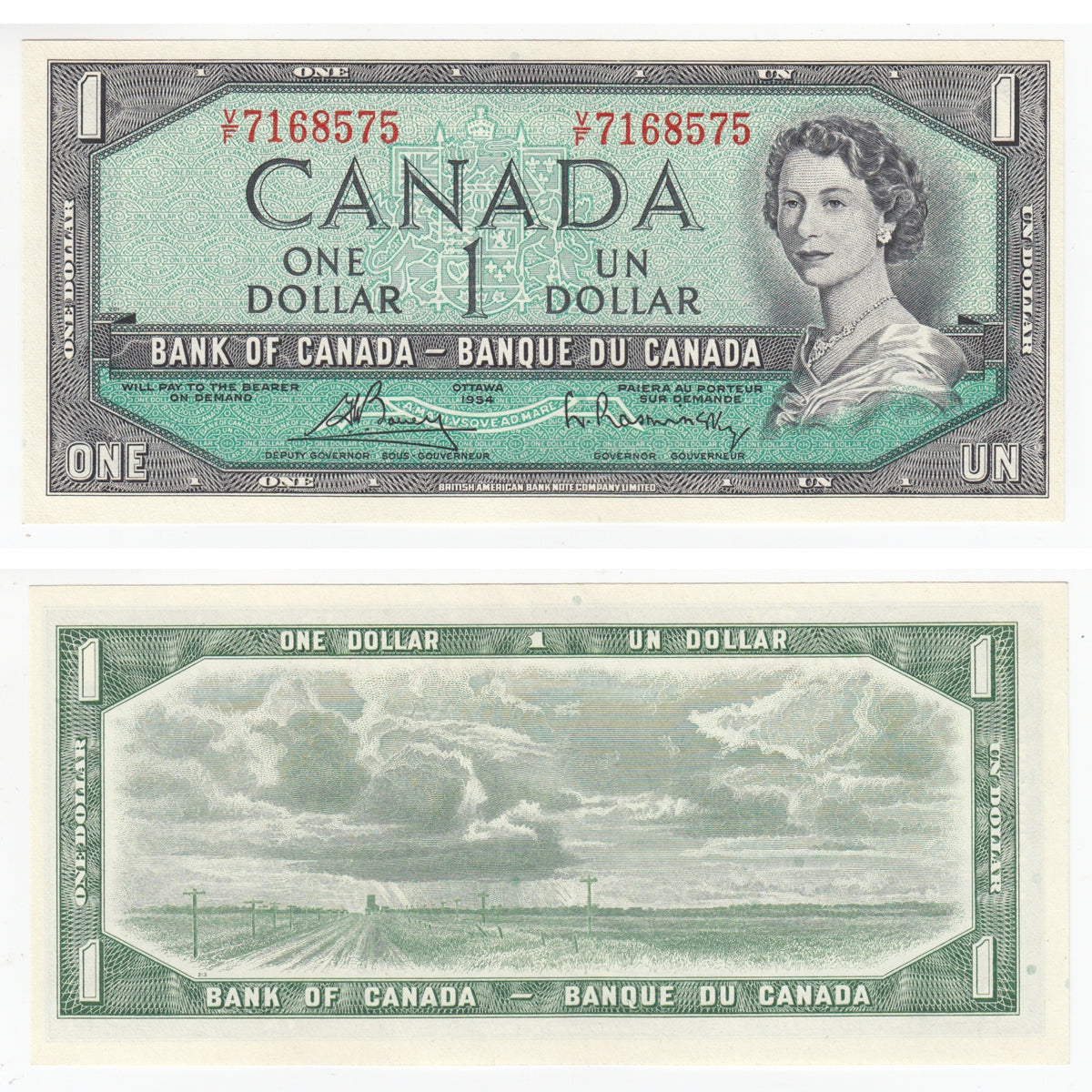 BC-37c 1954 Canada $1 Bouey-Rasminsky, V/F, AU-UNC (AU55)