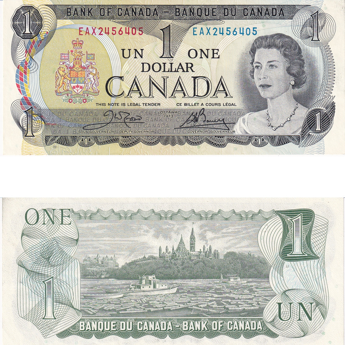 BC-46bA 1973 Canada $1 Crow-Bouey, EAX, AU-UNC (AU55)