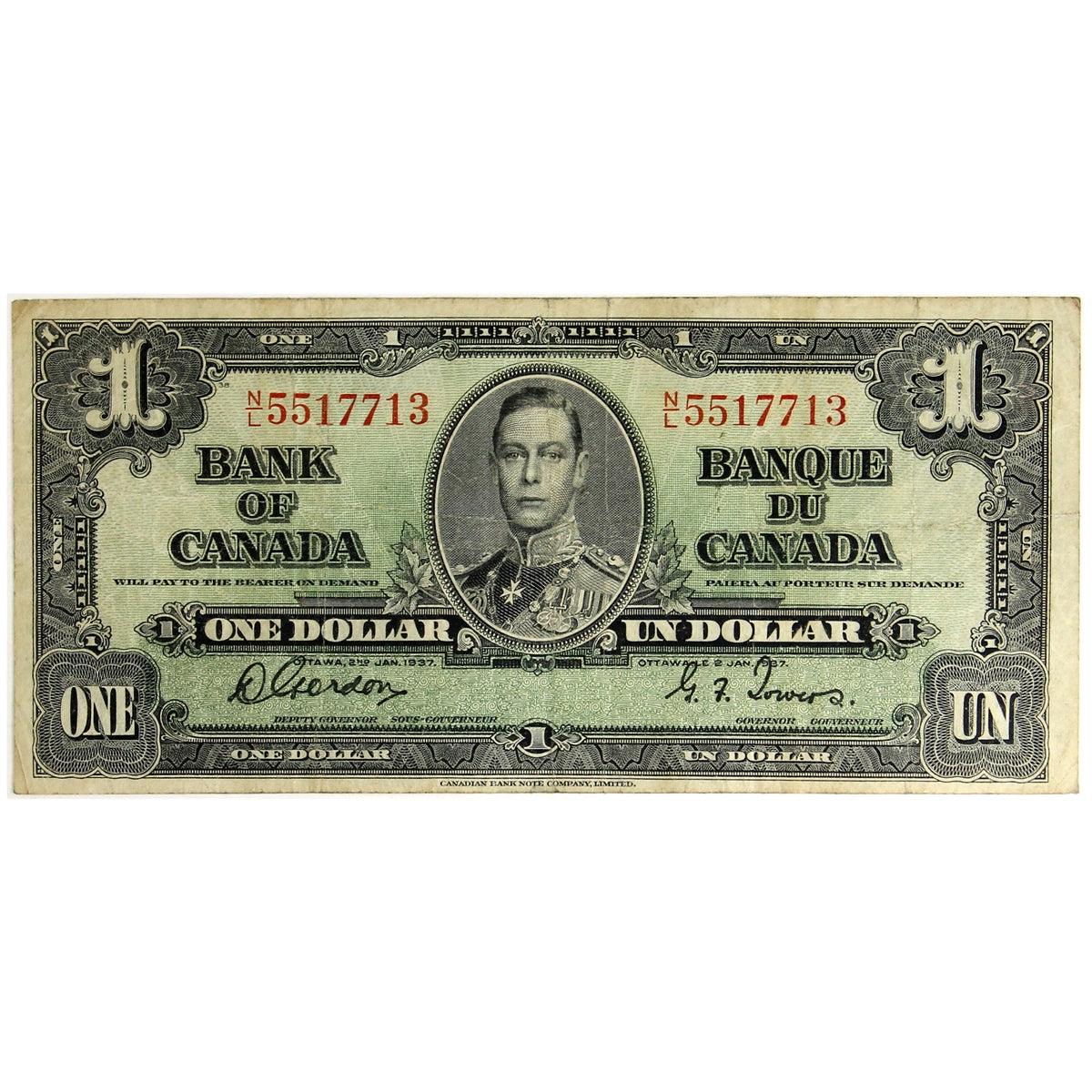 BC-21c 1937 Canada $1 Gordon-Towers, N/L, Circ