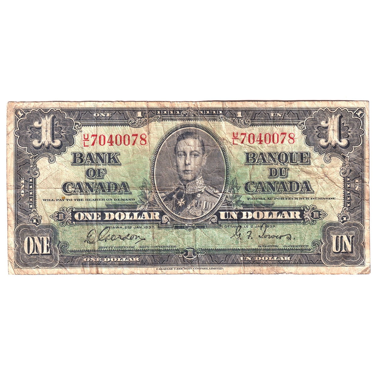 BC-21c 1937 Canada $1 Gordon-Towers, U/L, Circ