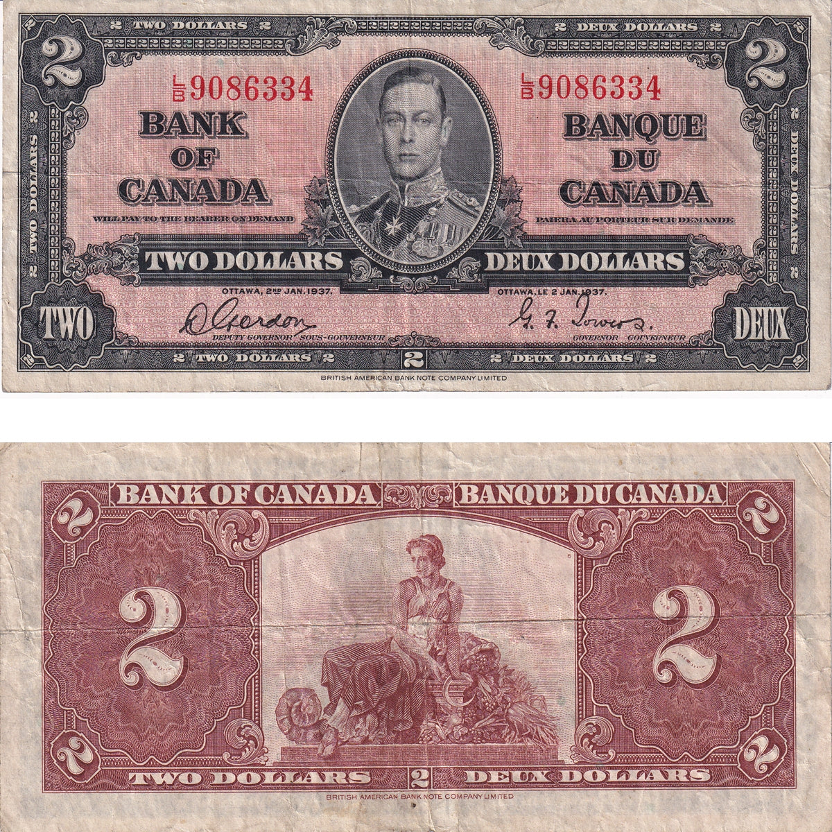BC-22b 1937 Canada $2 Gordon-Towers, L/B, F-VF (F15)