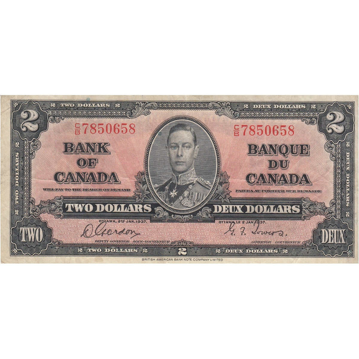 BC-22b 1937 Canada $2 Gordon-Towers, C/B, Very Fine (VF20)