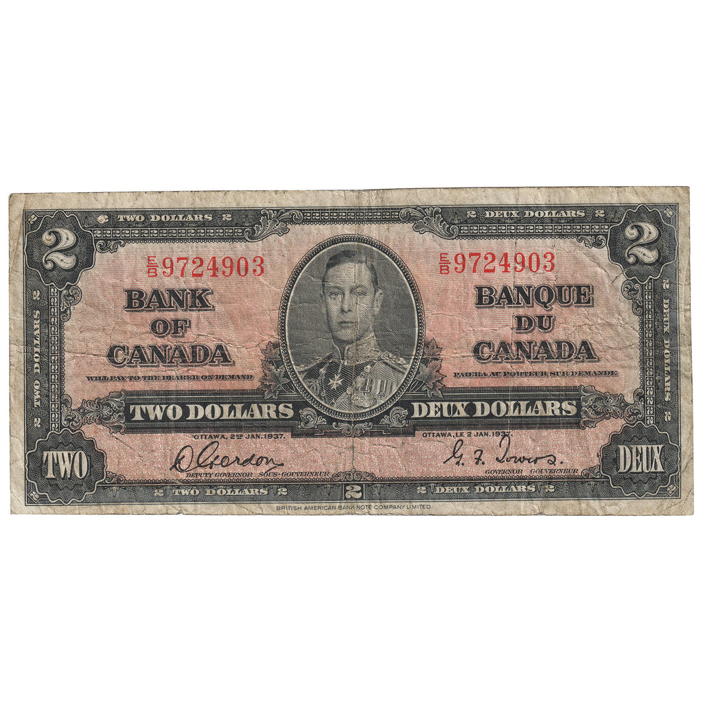 BC-22b 1937 Canada $2 Gordon-Towers, E/B, VG-F (VG10)