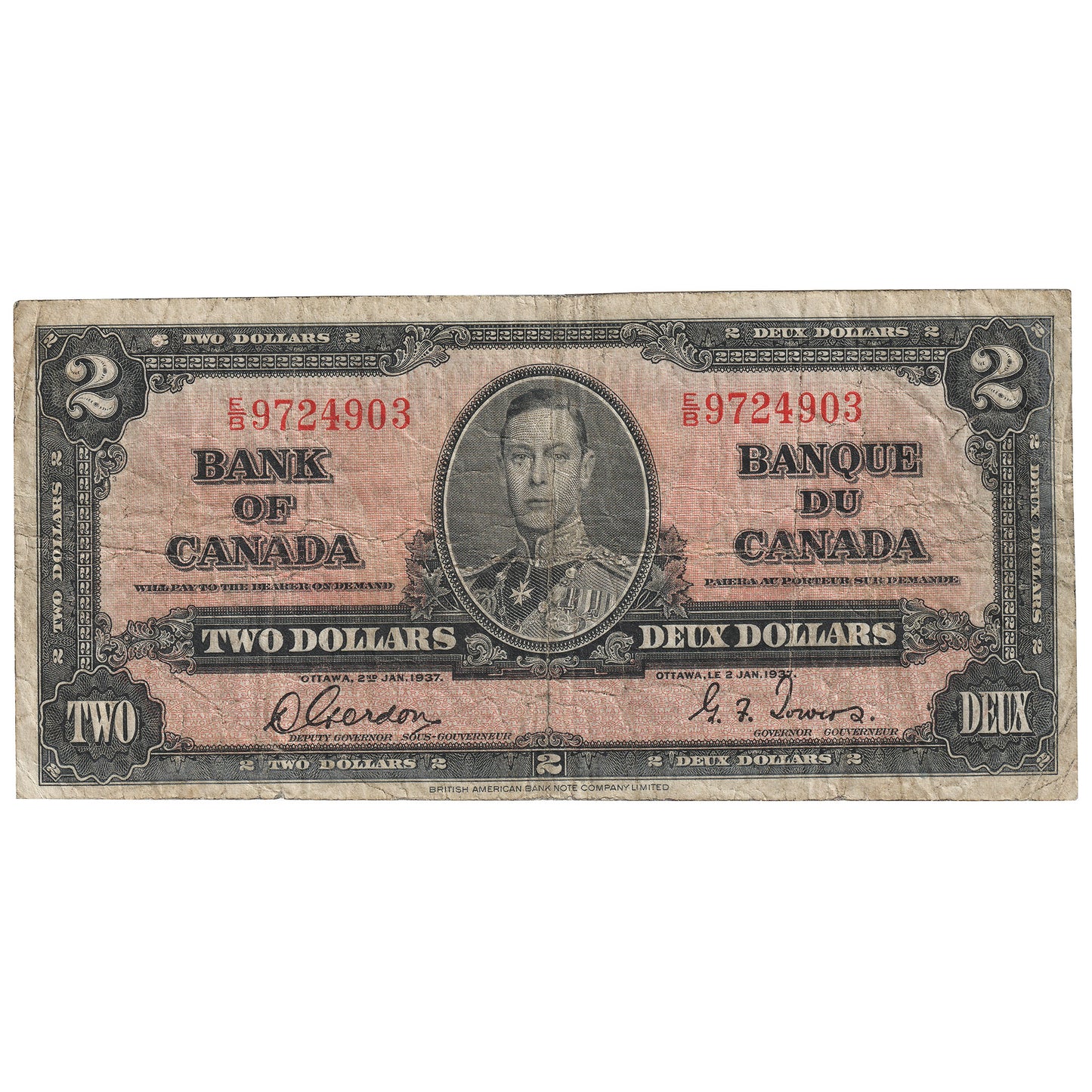 BC-22b 1937 Canada $2 Gordon-Towers, E/B, VG-F (VG10)