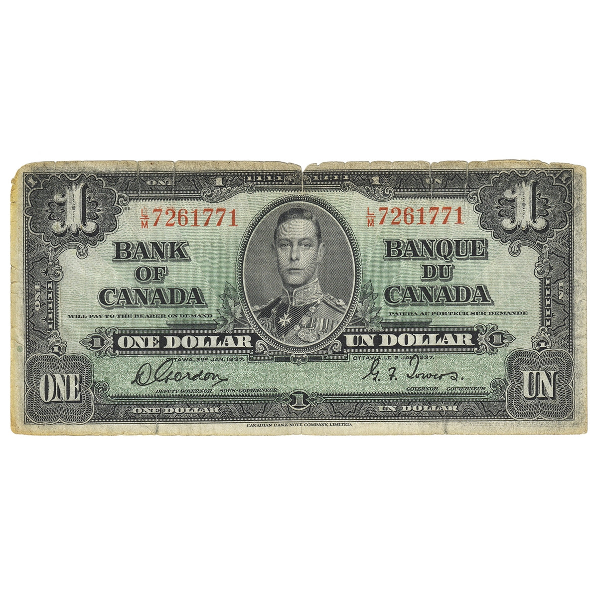 BC-21c 1937 Canada $1 Gordon-Towers, L/M, CIRC