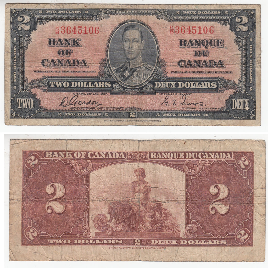BC-22b 1937 Canada $2 Gordon-Towers, K/B, Very Good (VG8)