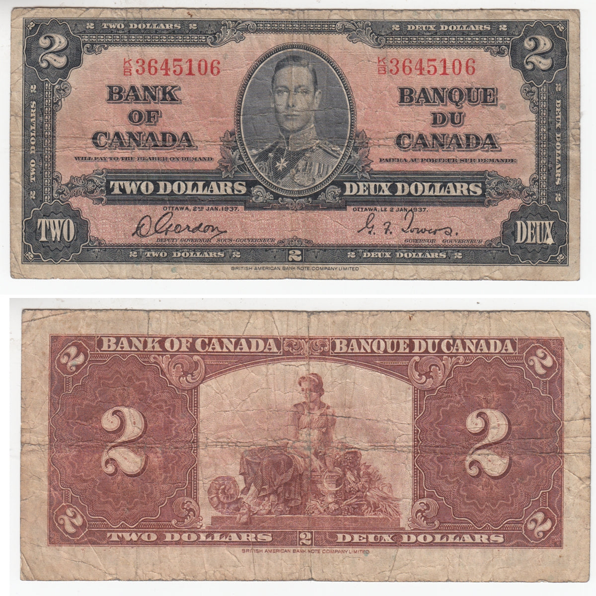 BC-22b 1937 Canada $2 Gordon-Towers, K/B, Very Good (VG8)