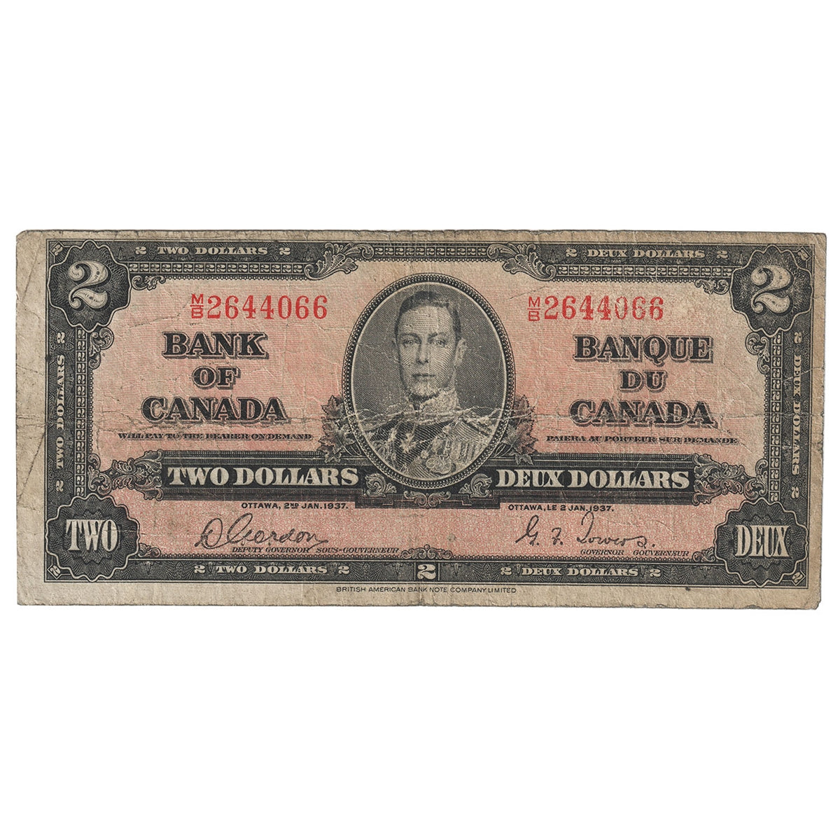 BC-22b 1937 Canada $2 Gordon-Towers, M/B, Very Good (VG8)
