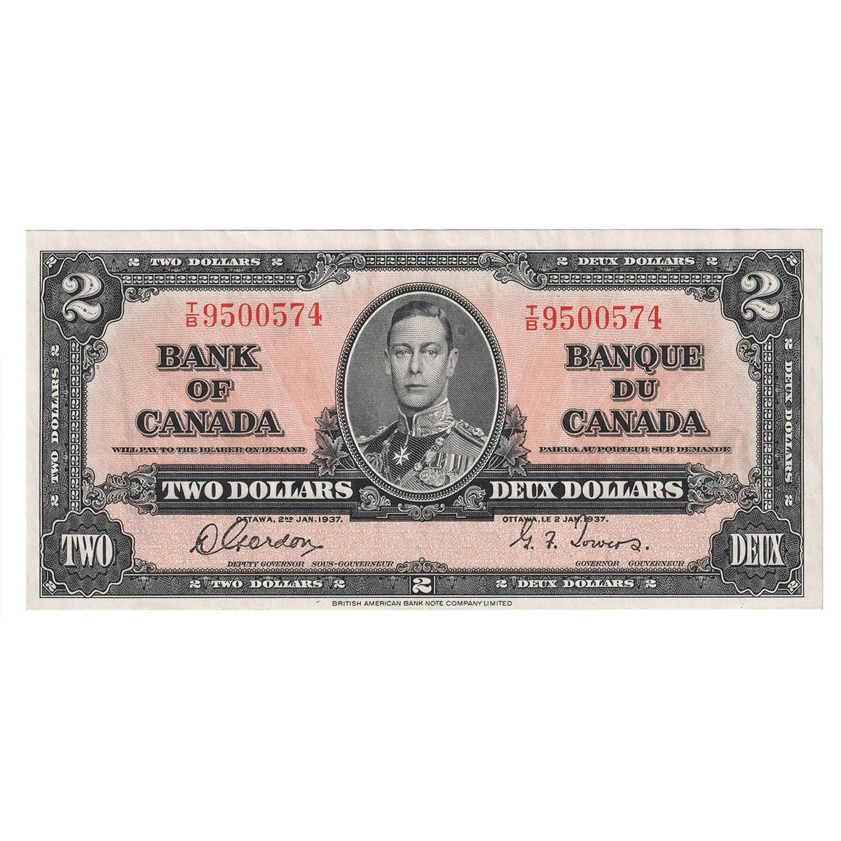 BC-22b 1937 Canada $2 Gordon-Towers, T/B, VF-EF (VF30)