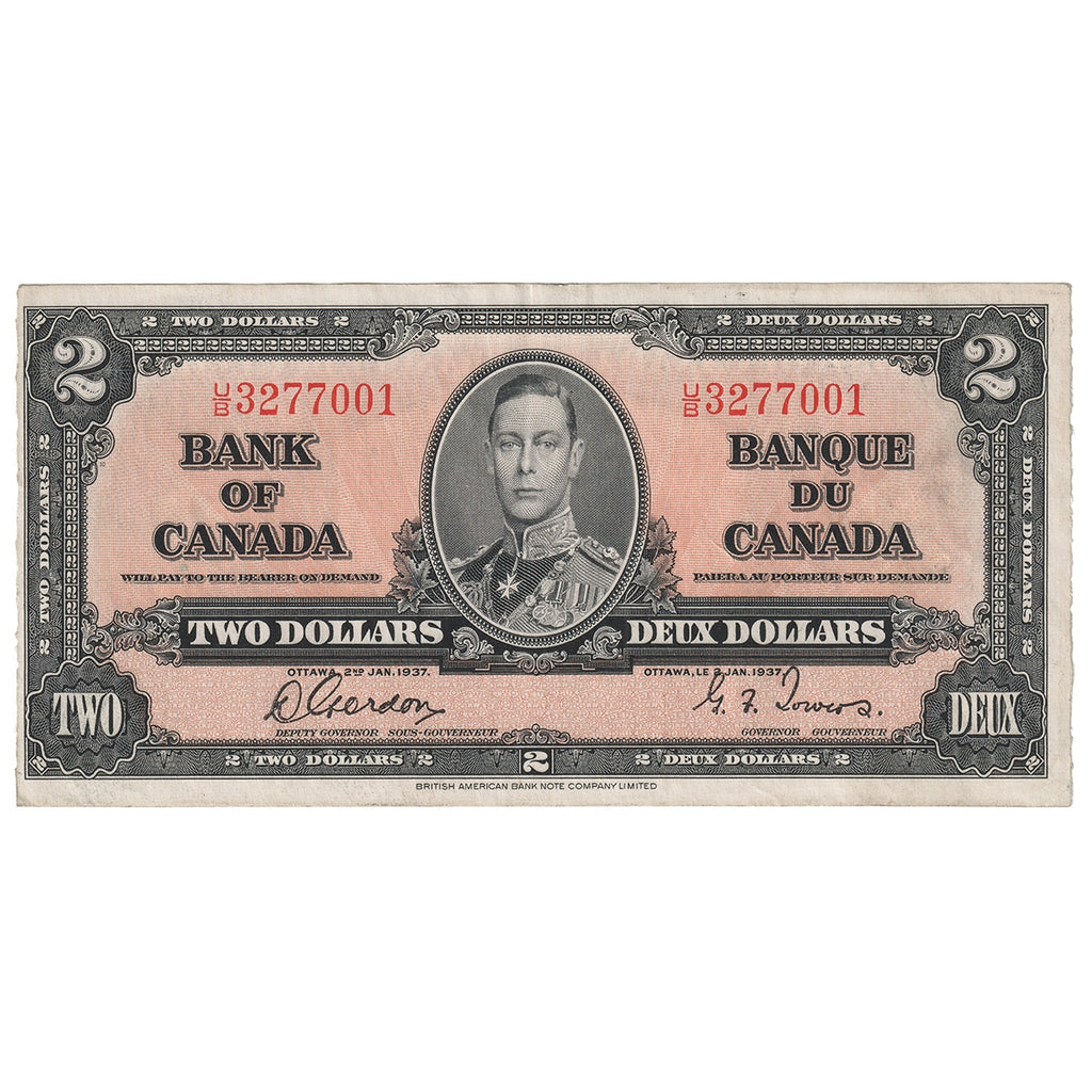 BC-22b 1937 Canada $2 Gordon-Towers, U/B, EF-AU (EF45)