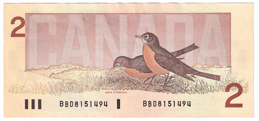 BC-55b 1986 Canada $2 Thiessen-Crow, BBD, Almost Uncirculated (AU50)