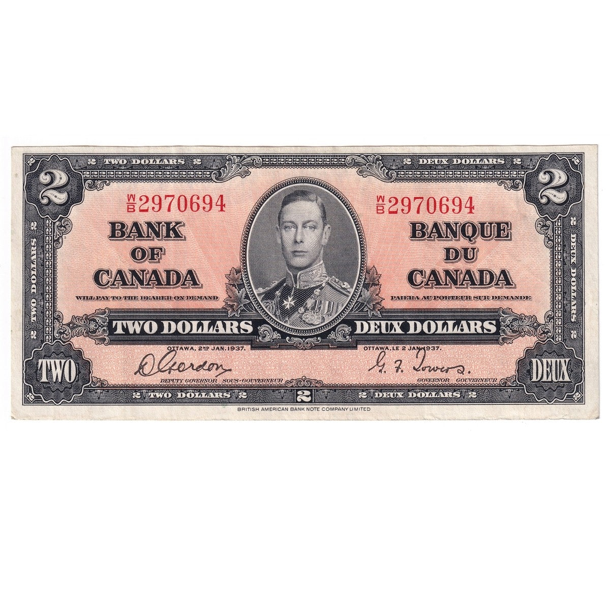 BC-22b 1937 Canada $2 Gordon-Towers, W/B, VF-EF (VF30)