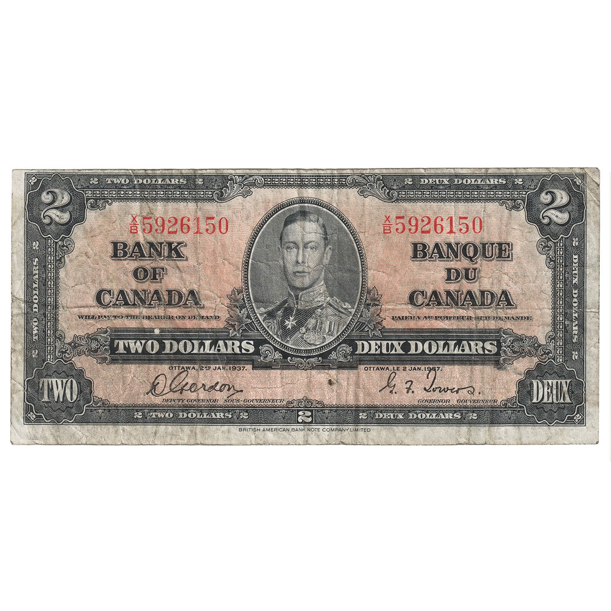 BC-22b 1937 Canada $2 Gordon-Towers, X/B, F-VF (F15)