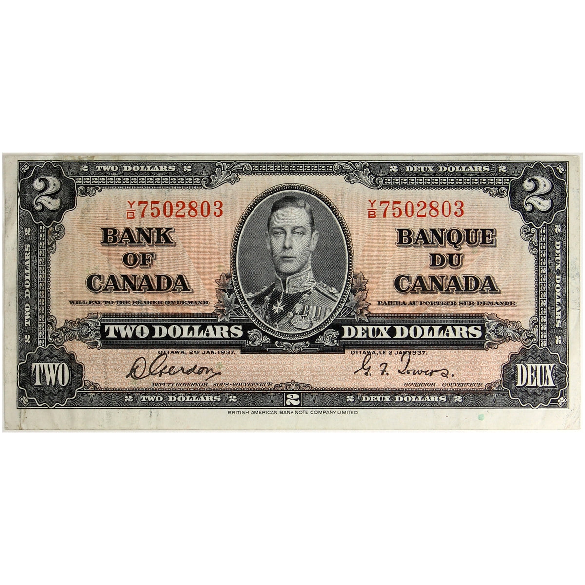 BC-22b 1937 Canada $2 Gordon-Towers, Y/B, VF-EF (VF30)