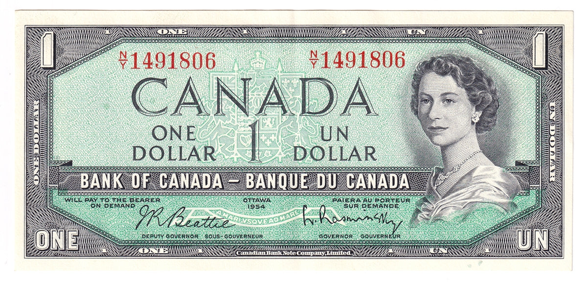 BC-37b 1954 Canada $1 Beattie-Rasminsky, N/Y, EF-AU (EF45)