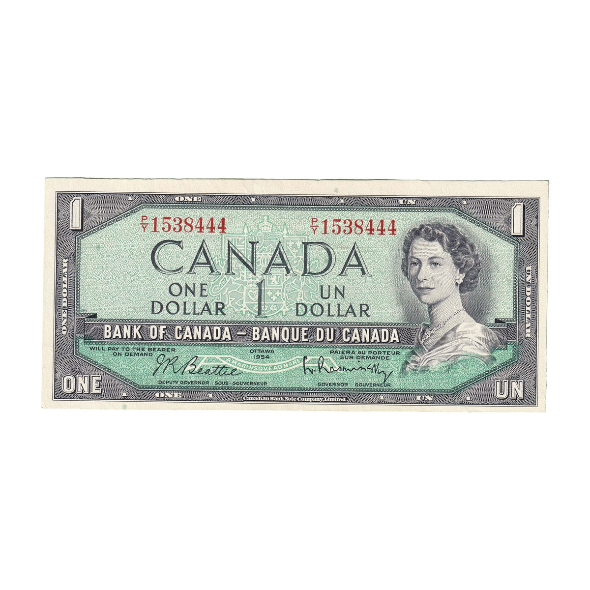 BC-37b 1954 Canada $1 Beattie-Rasminsky, P/Y, EF-AU (EF45)
