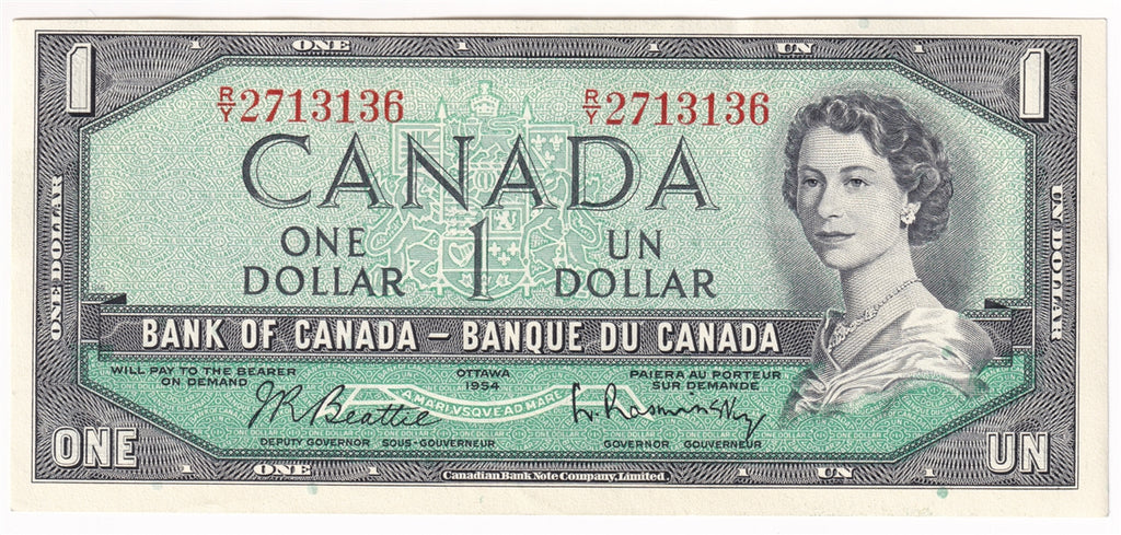 BC-37b 1954 Canada $1 Beattie-Rasminsky, R/Y, Almost Uncirculated (AU50)