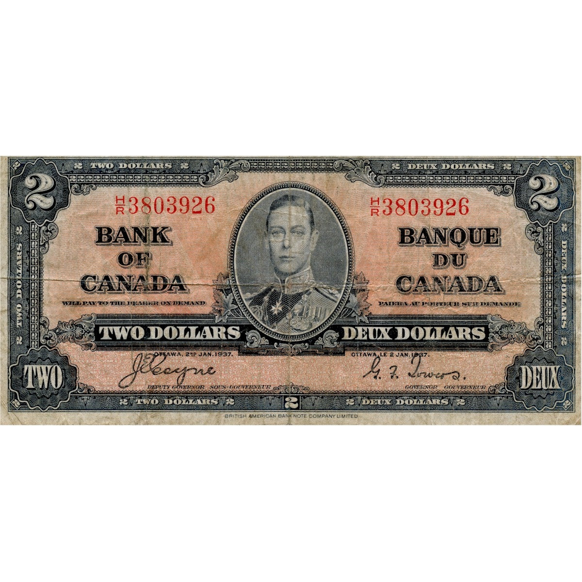 BC-22c 1937 Canada $2 Coyne-Towers, H/R, Fine (F12)